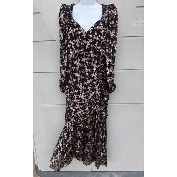 ASTR The Label Dark Floral Puff Sleeves Burntout Velvet Ruched Midi Dress Sz L - Picture 2 of 16